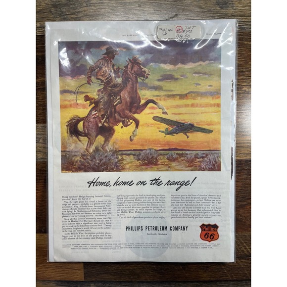 Phillips 66 Other - Vintage 1946 Phillips 66 Print Ad Home on the Range Cowboy Horse Airplane Art